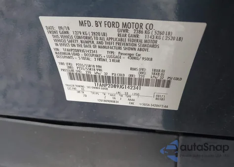 2018 Ford Taurus Se из США, поврежденный, VIN 1FAHP2D89JG142341